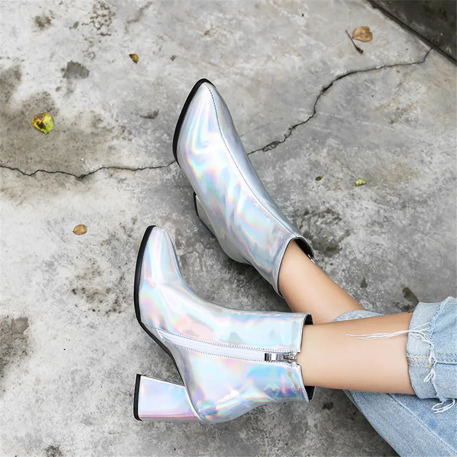 Silver Winter Women Ankle Boots Gold Mirror Patent Leather High Block Heel Party Office Lady Sexy Pointed Toe Zipper Short Plush