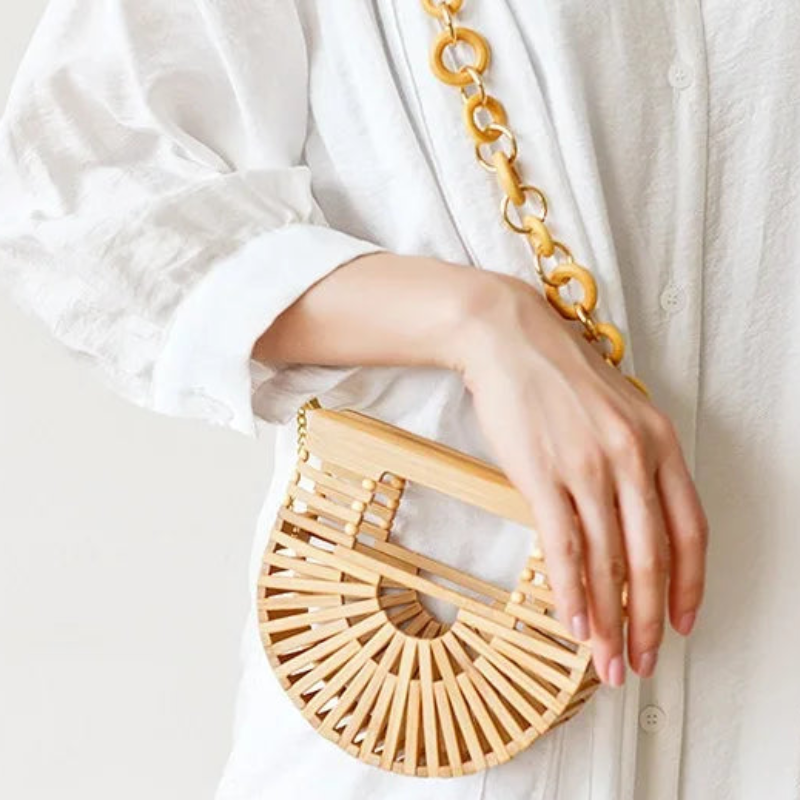 Fashion Straw Tote Bamboo Semi-circular Handbags High Quality Hand Woven Women Bags Bohemia Summer Ladies Beach Bag Bamboo Bags