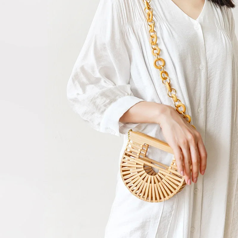 Fashion Straw Tote Bamboo Semi-circular Handbags High Quality Hand Woven Women Bags Bohemia Summer Ladies Beach Bag Bamboo Bags