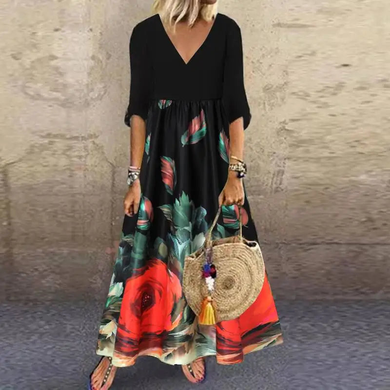 ZANZEA Summer Maxi Dress Women's Vintage Printed Sundress Casual Loose Short Sleeve Vestidos Vacation High Waist Robe Femme 2024