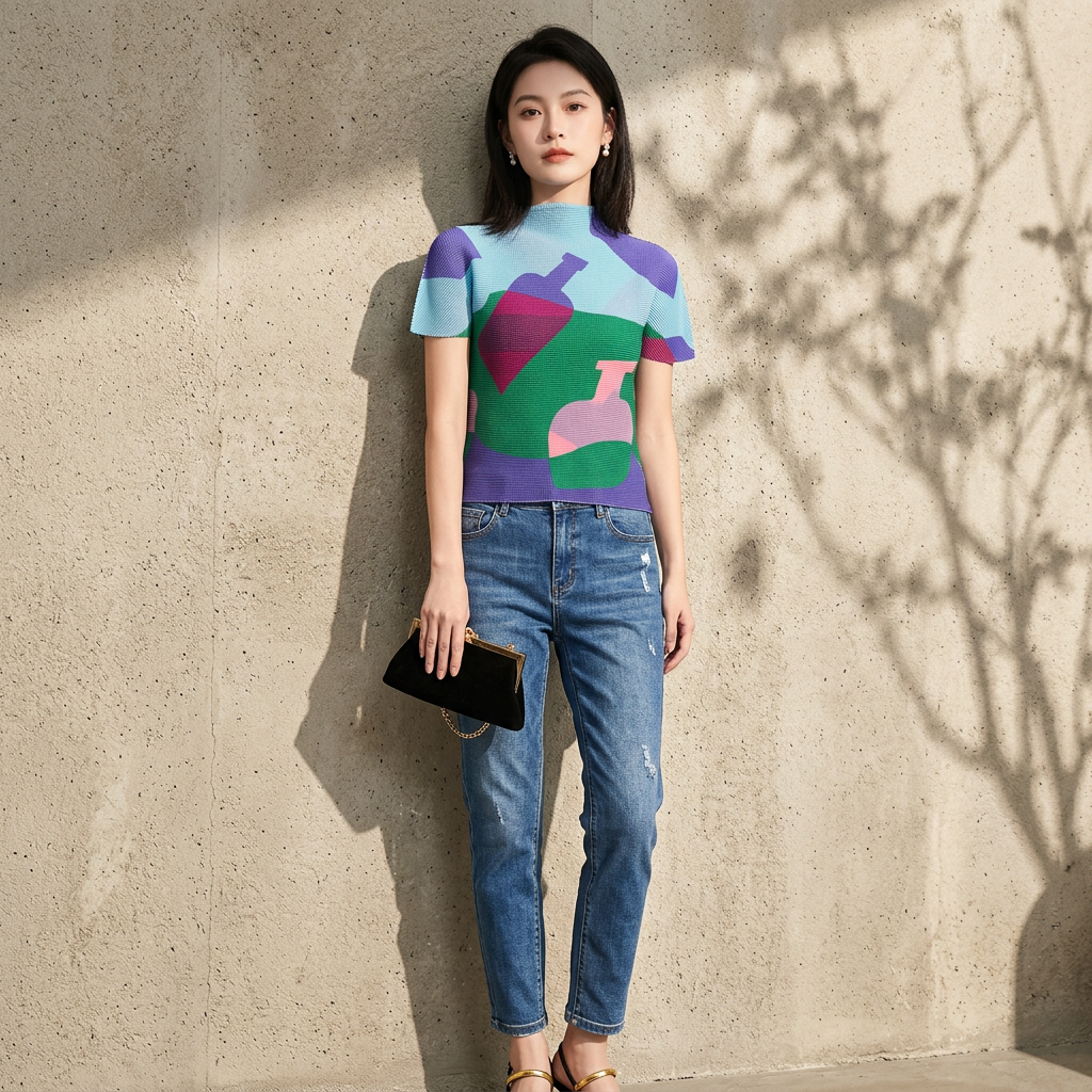 Miyake Pleated Printed T-Shirt for Women Custom Designs Breathable Chiffon Casual Style Spring/Summer Collection