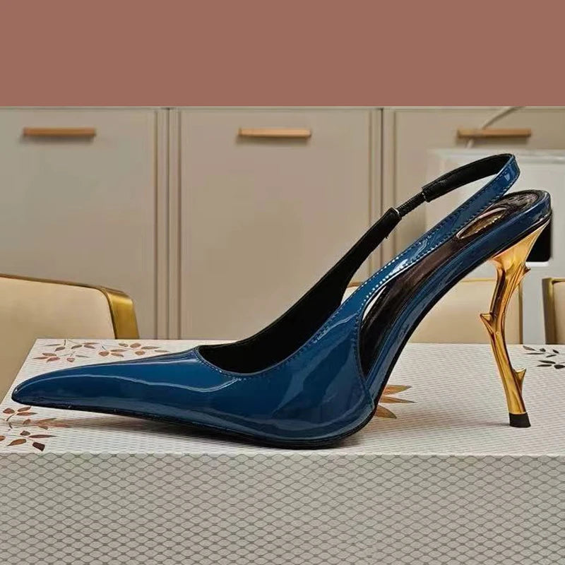 Slingback Women Back Strap Gold Strange Heels on  Pumps Patent Dress Sandals Pointed Toe Shoes