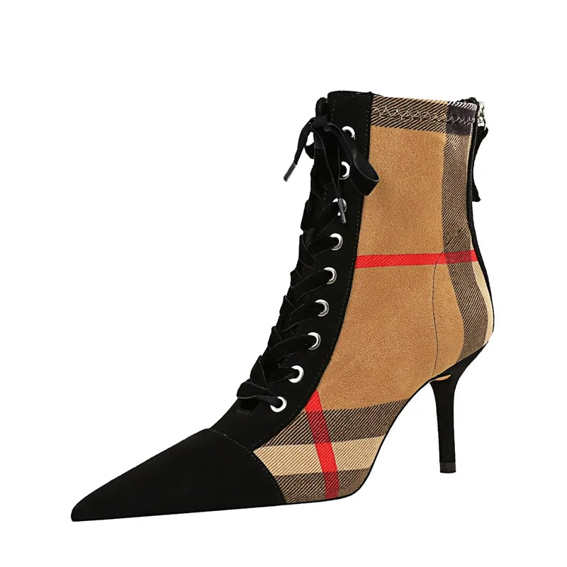 2024 Women's Fashion 8cm High Heels Ankle Pumps Pointed Toe Lace up Casual Ladies Short Boots Waterproof for Autumn