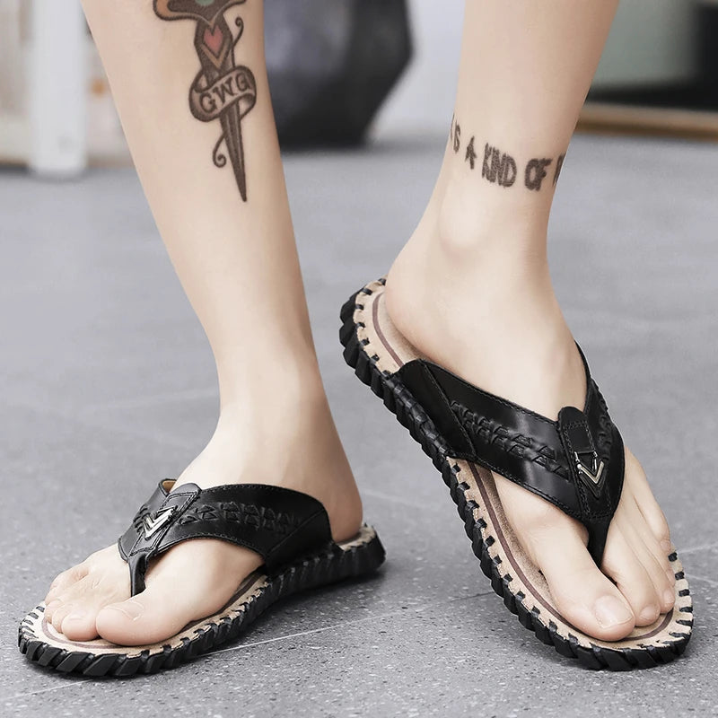 Durable Hand Stitched Men Casual Slippers Full Grain Cow Leather Soft Insole Anti Slip Summer Indoor Outside Slide Shoes
