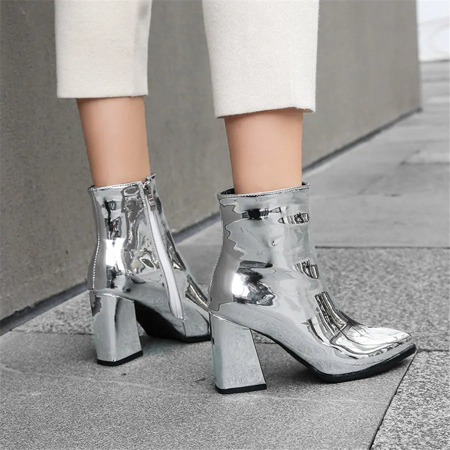Silver Winter Women Ankle Boots Gold Mirror Patent Leather High Block Heel Party Office Lady Sexy Pointed Toe Zipper Short Plush