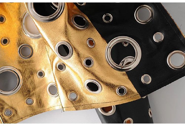 Rocker Runway Cut Out Short Faux Leather Jacket Golden Rivet Cool Stylish Designer Clothes Women European American Fashion 2022