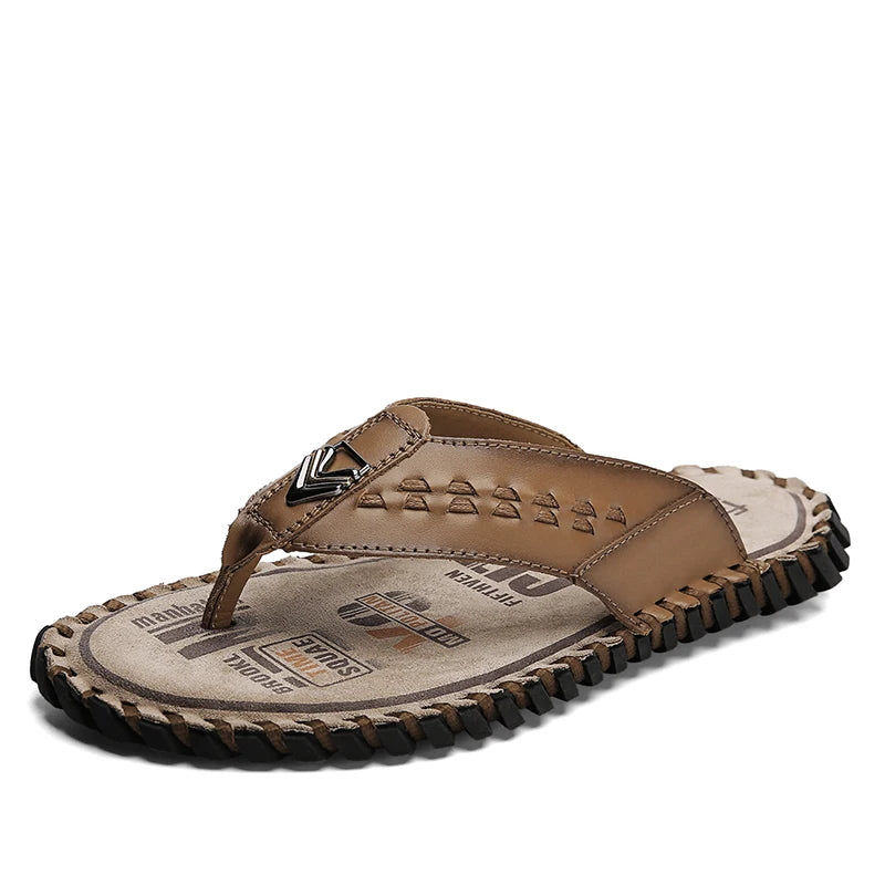 Durable Hand Stitched Men Casual Slippers Full Grain Cow Leather Soft Insole Anti Slip Summer Indoor Outside Slide Shoes