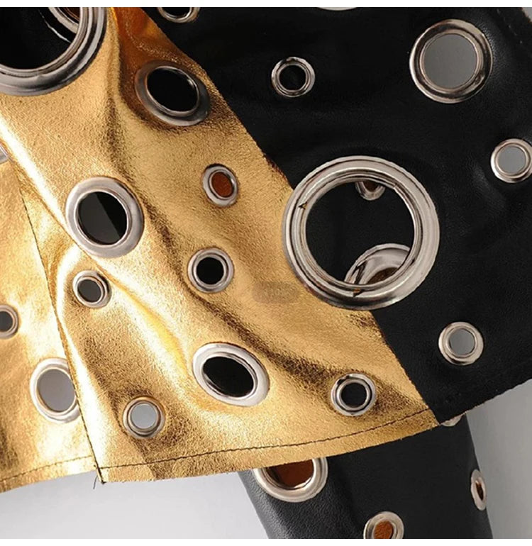 Rocker Runway Cut Out Short Faux Leather Jacket Golden Rivet Cool Stylish Designer Clothes Women European American Fashion 2022