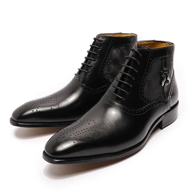 Luxury men's genuine leather ankle boots stylish lace-up pointed toe formal shoes for wedding office basic men's shoes