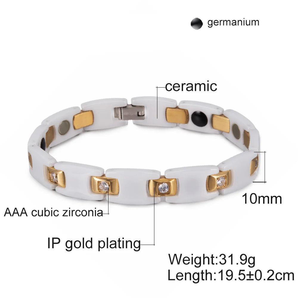 Vinterly Women Ceramic Bracelet Health Energy Hematite Ceramic Bracelets Female Gold-color AAA Cubic Zirconia Bracelet for Women