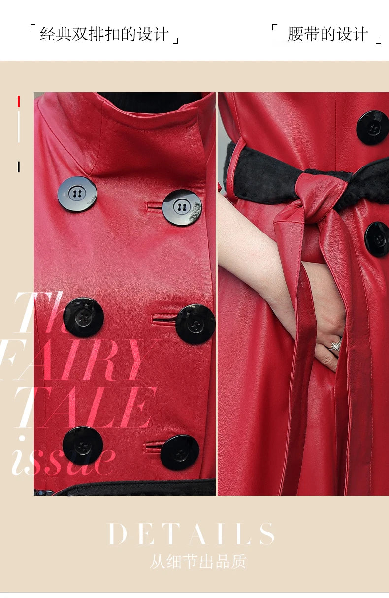 Nerazzurri Autumn Maxi Red Pu Leather Trench Coat for Women Long Sleeve Belt Double Breasted Elegant Luxury Runway Fashion 2023