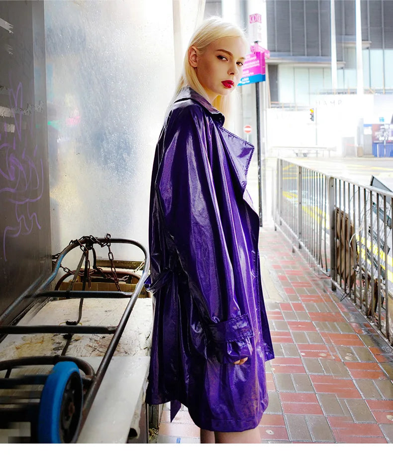Nerazzurri Spring Autumn Purple Shiny Womens Patent Leather trench coat belt raglan sleeve Oversized soft runway long Overcoat