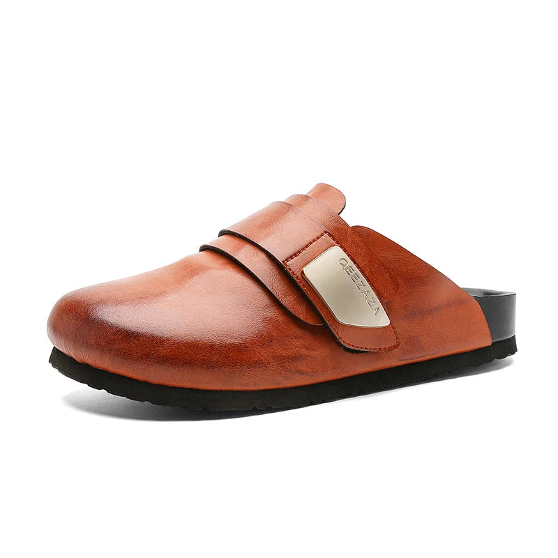 Men Women Leather Upper Flat Casual Slip-on Mules Closed Toe Half Slippers Spring