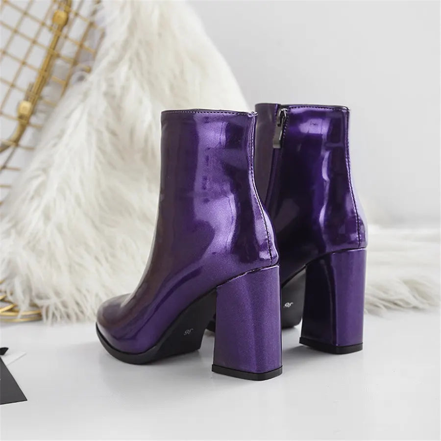 Silver Winter Women Ankle Boots Gold Mirror Patent Leather High Block Heel Party Office Lady Sexy Pointed Toe Zipper Short Plush