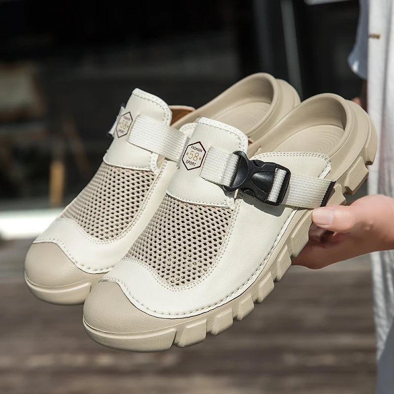 Men's Artisan Made Head Layer Leather Outdoor Slippers Cushioned Insole Breathable