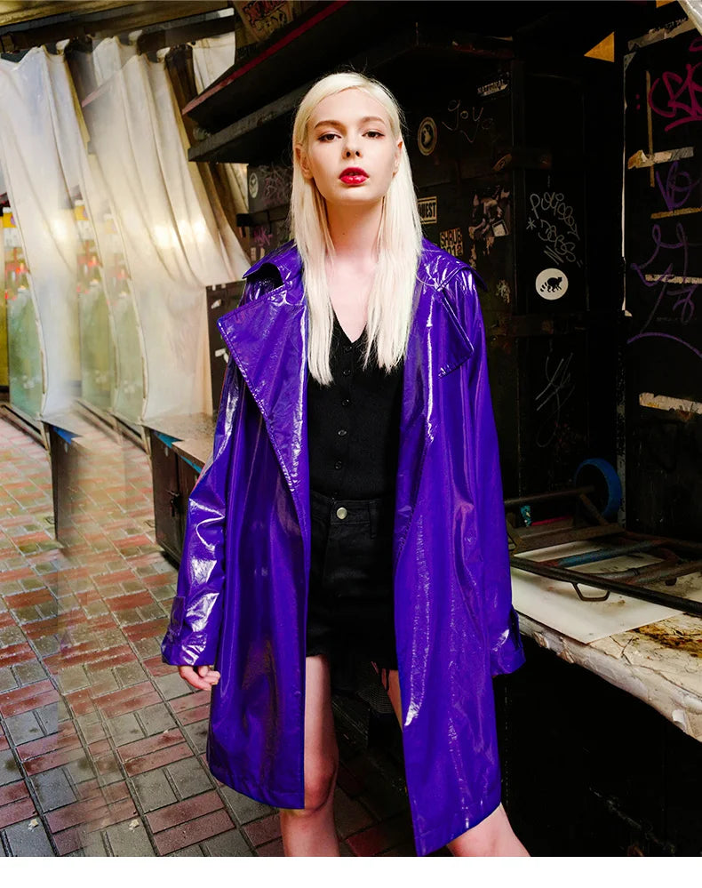 Nerazzurri Spring Autumn Purple Shiny Womens Patent Leather trench coat belt raglan sleeve Oversized soft runway long Overcoat