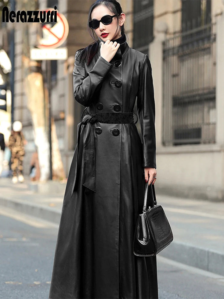 Nerazzurri Autumn Maxi Red Pu Leather Trench Coat for Women Long Sleeve Belt Double Breasted Elegant Luxury Runway Fashion 2023