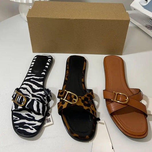Designer Women's Leather Sandals Cute Leopard Print Summer Beach Style Height Increasing Feature Recyclable-for Spring