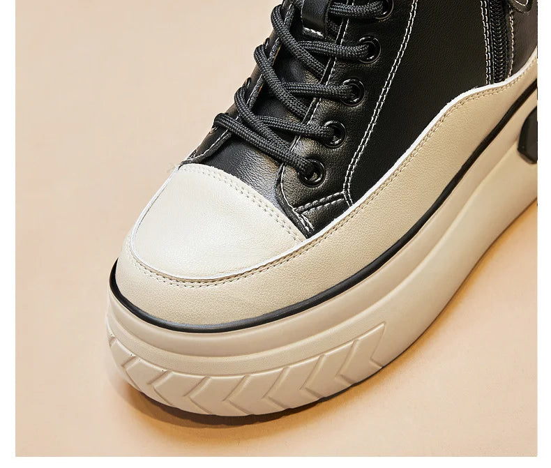 High Top Women Shoes Genuine Leather 8cm Platform Boots Ankle Wedge Hidden Heel Zip Autumn Warm Fur Winter Shoes Sneakers