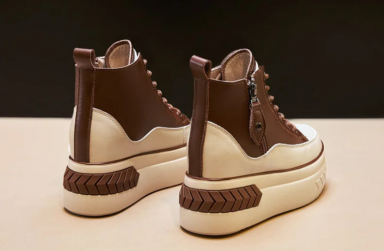 High Top Women Shoes Genuine Leather 8cm Platform Boots Ankle Wedge Hidden Heel Zip Autumn Warm Fur Winter Shoes Sneakers