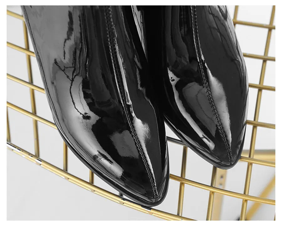 Silver Winter Women Ankle Boots Gold Mirror Patent Leather High Block Heel Party Office Lady Sexy Pointed Toe Zipper Short Plush