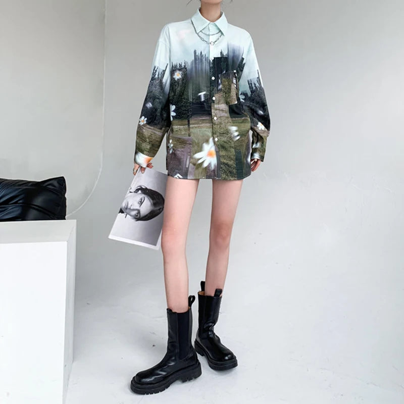 Oversized Women Blouses oil Printing shirts Harajuku Tops Long Sleeve Couple's Streetwear Blusas Mujer