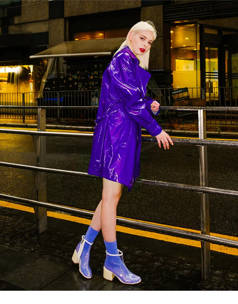 Nerazzurri Spring Autumn Purple Shiny Womens Patent Leather trench coat belt raglan sleeve Oversized soft runway long Overcoat