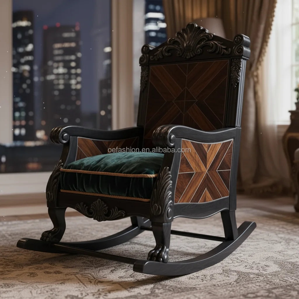 OE-FASHION French Neo-Classical Style Hand Carved Solid Wood Dining Server Chevron Veneer Credenza for Luxury Villa