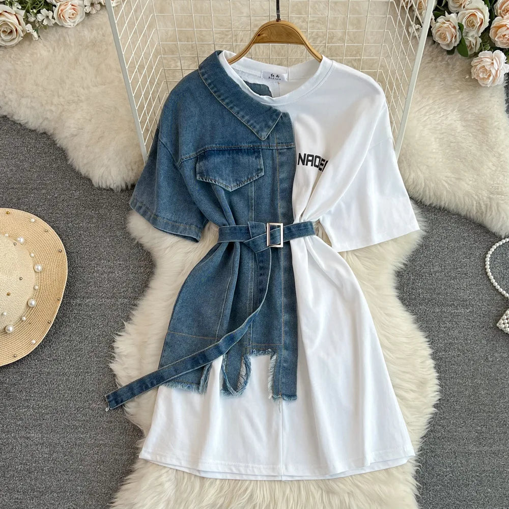 New Fashion Round Neck Color Blocking Women Casual Tops Denim T-Shirt Dresses