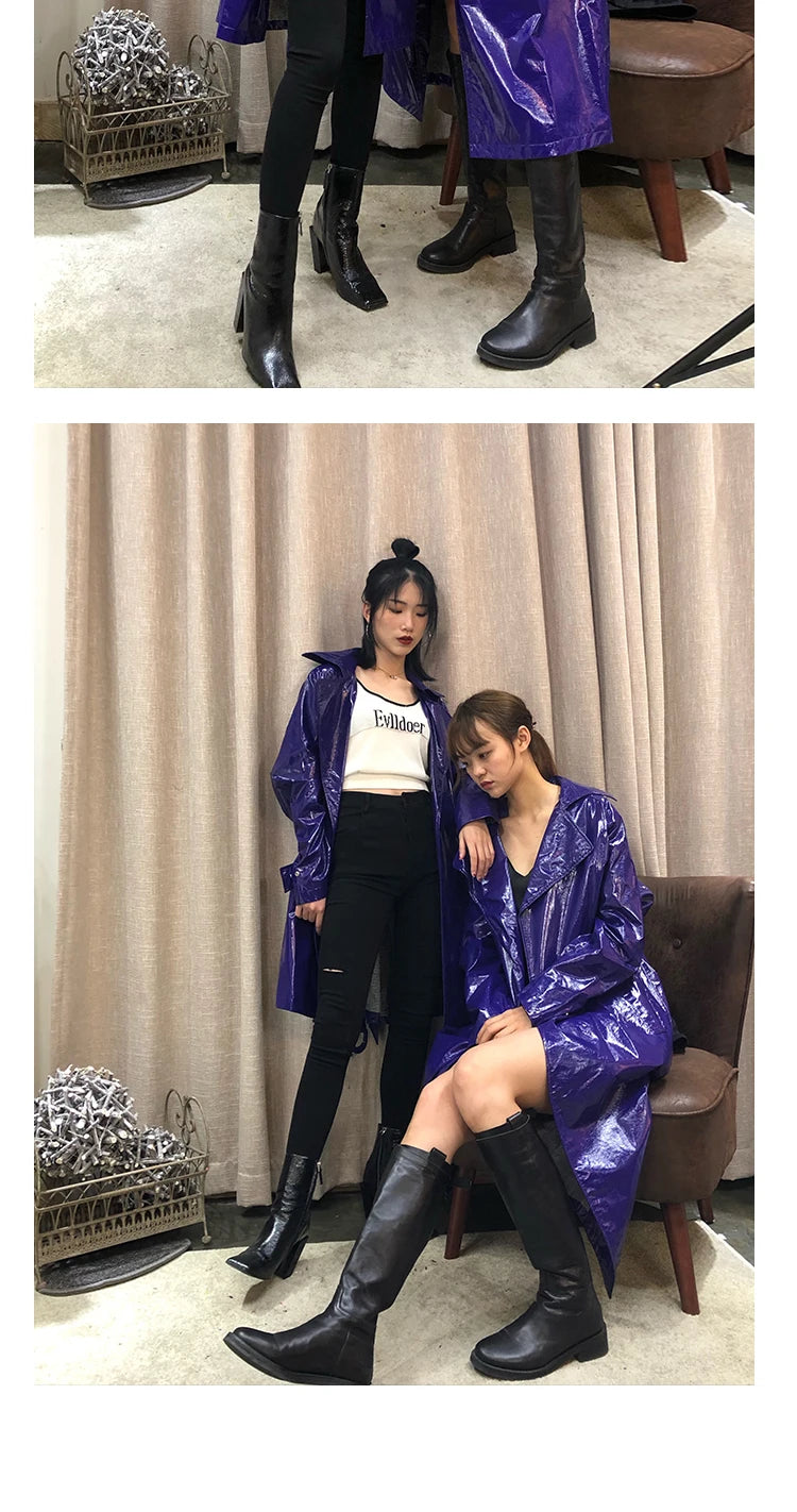 Nerazzurri Spring Autumn Purple Shiny Womens Patent Leather trench coat belt raglan sleeve Oversized soft runway long Overcoat
