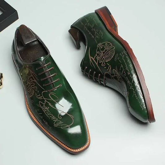 Premium Italian Green Leather Oxford Shoes Handcrafted with Laser Engraved Design Elegant Formal Wear for Gala Events