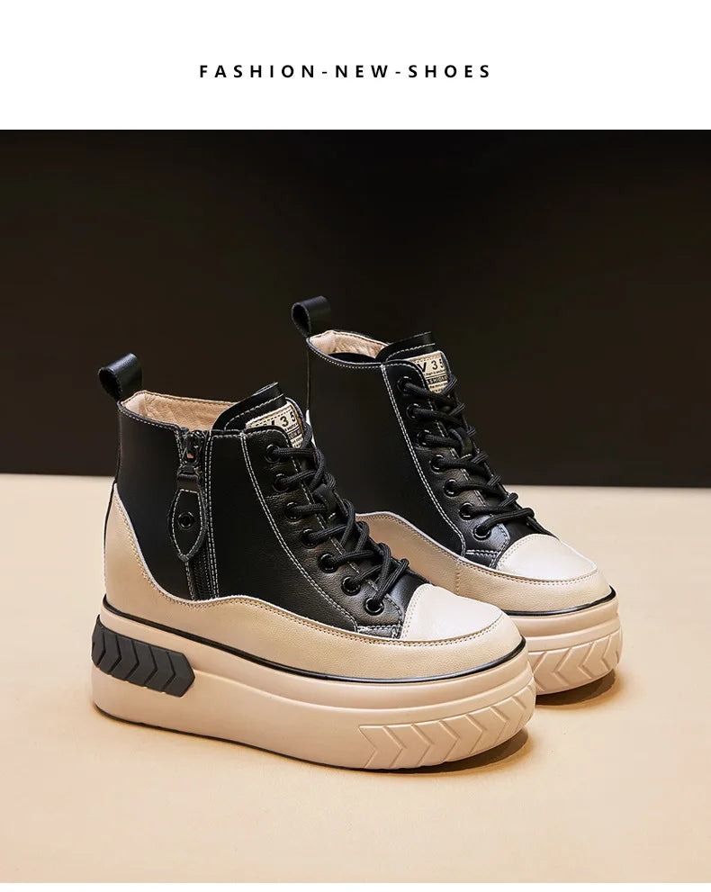 High Top Women Shoes Genuine Leather 8cm Platform Boots Ankle Wedge Hidden Heel Zip Autumn Warm Fur Winter Shoes Sneakers