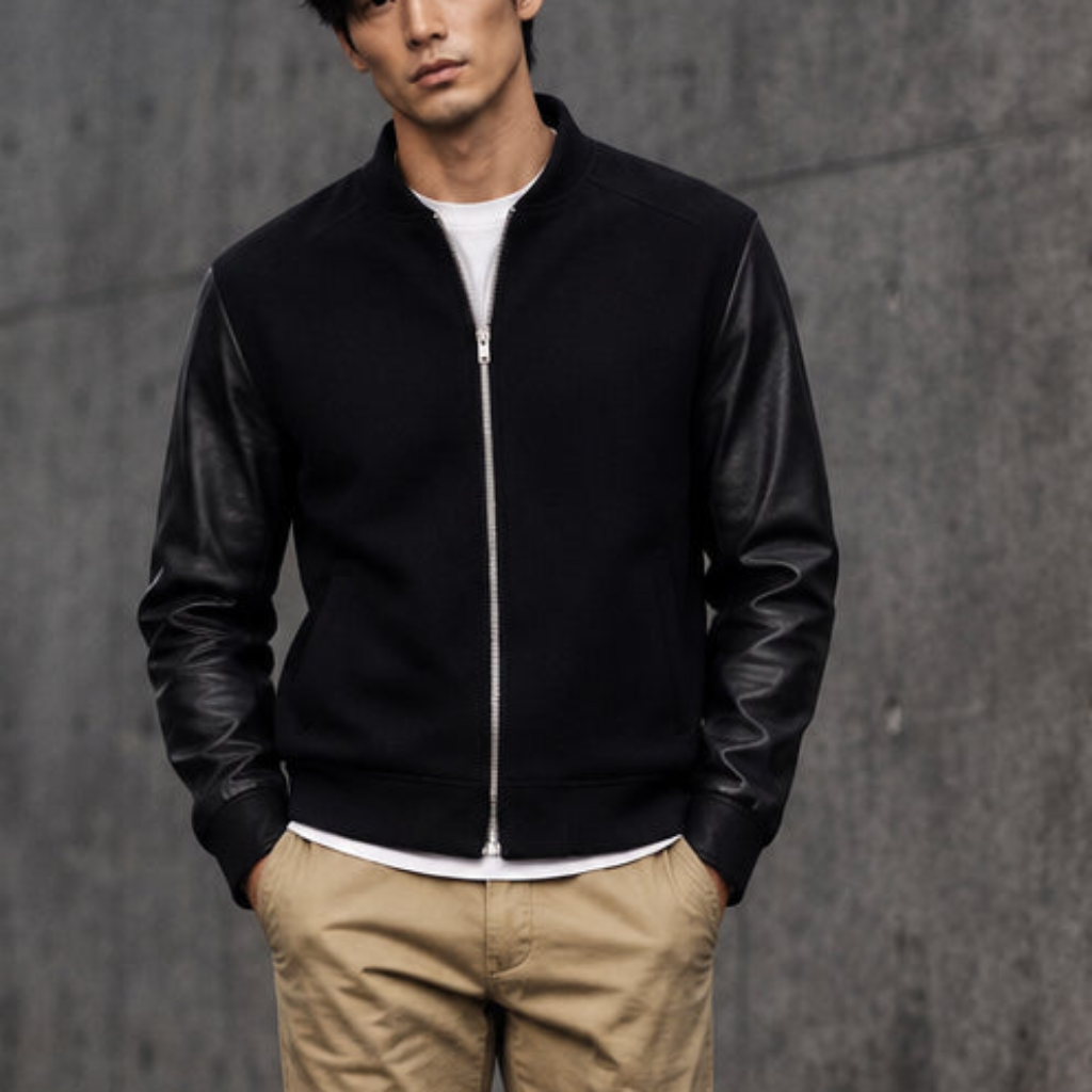 Mens Real Suede Leather Jacket Black Leather Sleeves Zip Front Stand Collar Sheepskin Bomber Coat Custom Hybrid Smart Outerwear