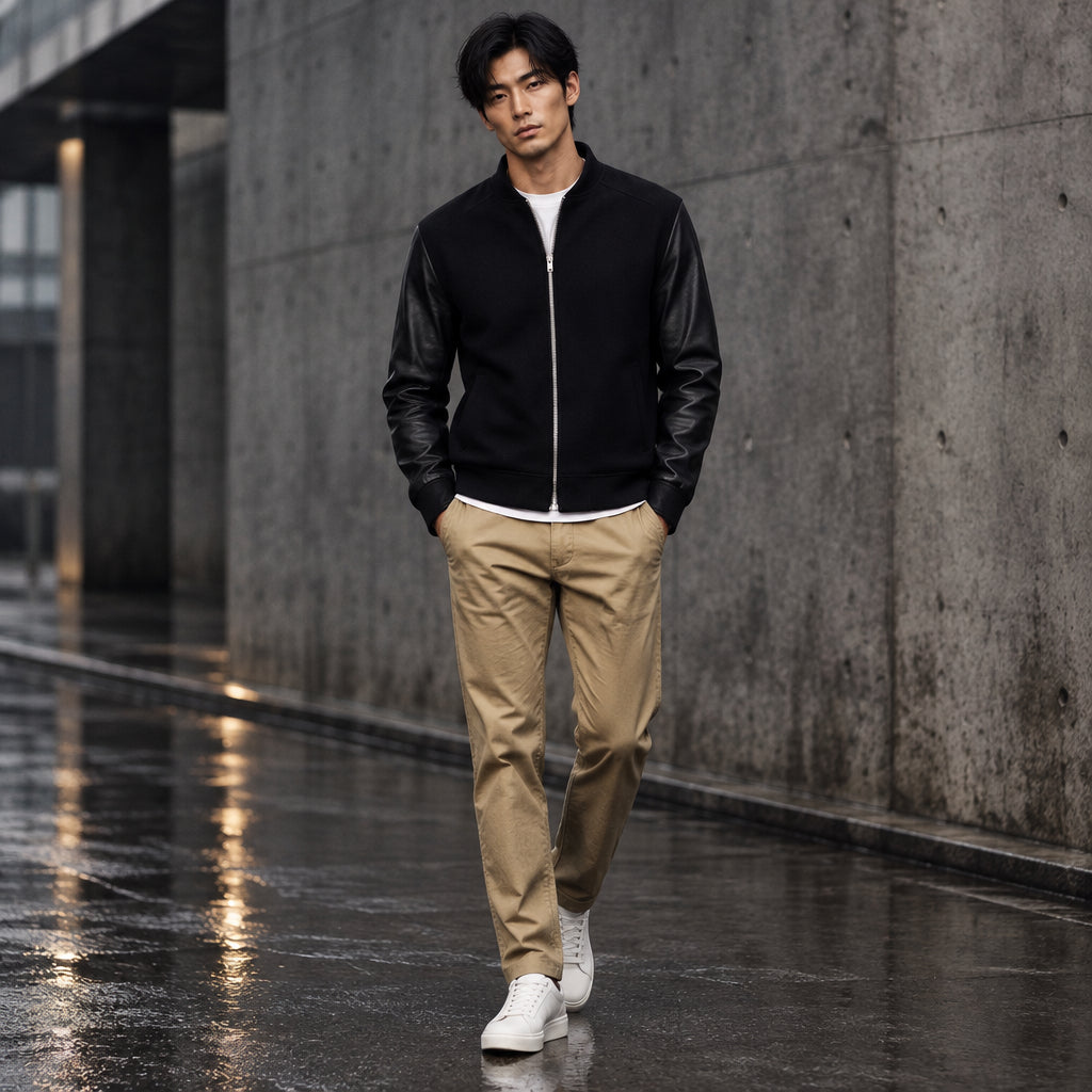 Mens Real Suede Leather Jacket Black Leather Sleeves Zip Front Stand Collar Sheepskin Bomber Coat Custom Hybrid Smart Outerwear
