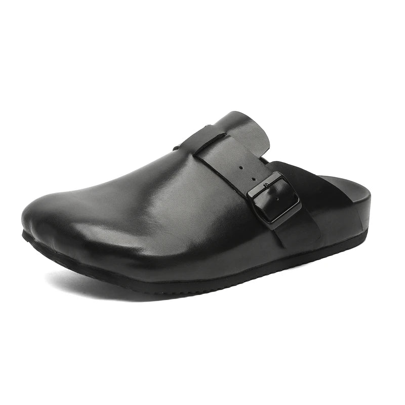 Men Women Soft Head Layer Leather Mules Thick Sole Minimalist Style Slip on