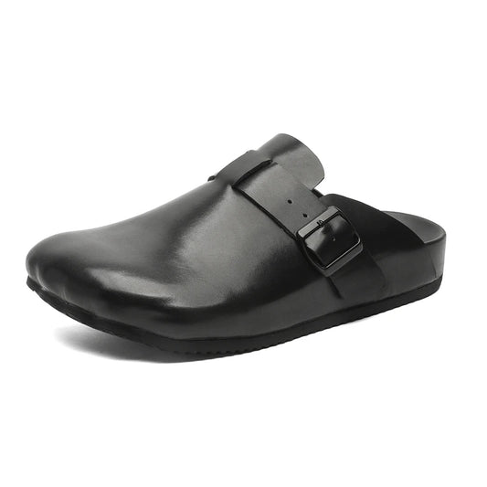 Men Women Soft Head Layer Leather Mules Thick Sole Minimalist Style Slip on