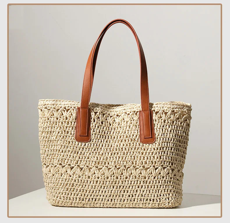 Summer Women's Large Capacity Tote Pouch Casual Handmade Beach Handbags with Soft PU Handle and Chain Decoration for Holidays