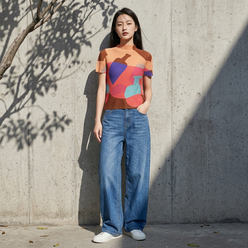 Miyake Pleated Printed T-Shirt for Women Custom Designs Breathable Chiffon Casual Style Spring/Summer Collection