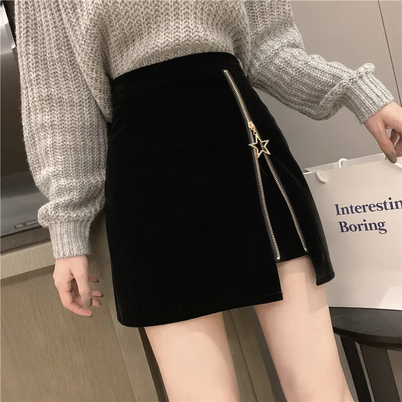 FairyShely Black Mini Skirt Women 2025 Velvet Short Pencil Skirt Korean Ladies Sexy Office Wear High Waist Skirts Zipper Faldas
