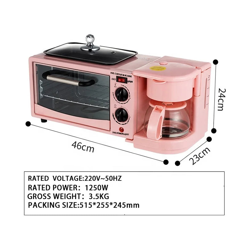 Multifunction 3-in-1 Electric Breakfast Set Toaster Coffee Maker Oven with Frying Pan