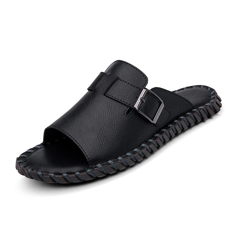 Hand Stitched Men Casual Slide Slippers Full Grain Cow Leather Upper Non Slip Rubber Outsole Daily Home Beach Shoes