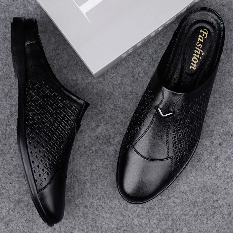 Summer Autumn Breathable Slip-On Men's Half Genuine Leather Formal Dress Loafers Holiday Comfort
