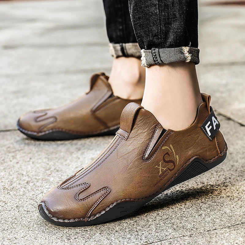 Men's Leather Slip-On Flat Business Shoes-Anti-Slip Breathable Comfort Lightweight for Long-Hour Use
