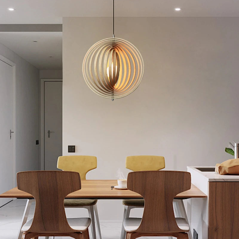 Wooden Living Room Bamboo Dining Pendant  lamp Creative Moon Lamp Wood Ring Bedroom Hanging Lamp