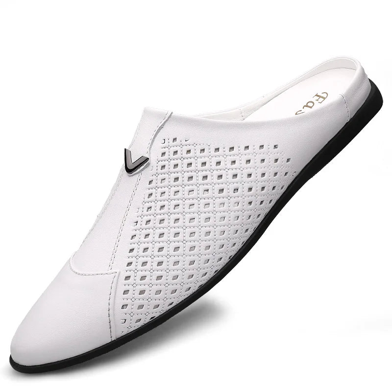 Large Size Man Hollow-Out Cow Leather Loafer Breathable and Durable Casual Half Shoes