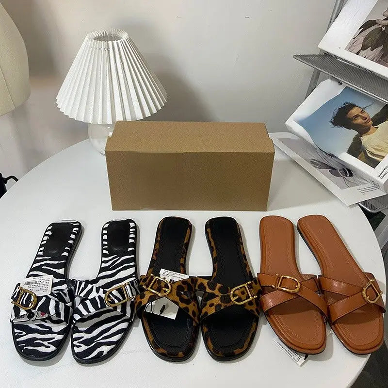 Designer Women's Leather Sandals Cute Leopard Print Summer Beach Style Height Increasing Feature Recyclable-for Spring