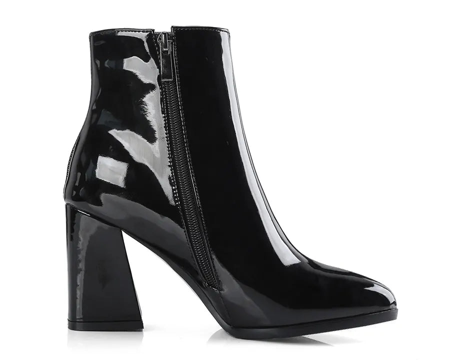 Silver Winter Women Ankle Boots Gold Mirror Patent Leather High Block Heel Party Office Lady Sexy Pointed Toe Zipper Short Plush