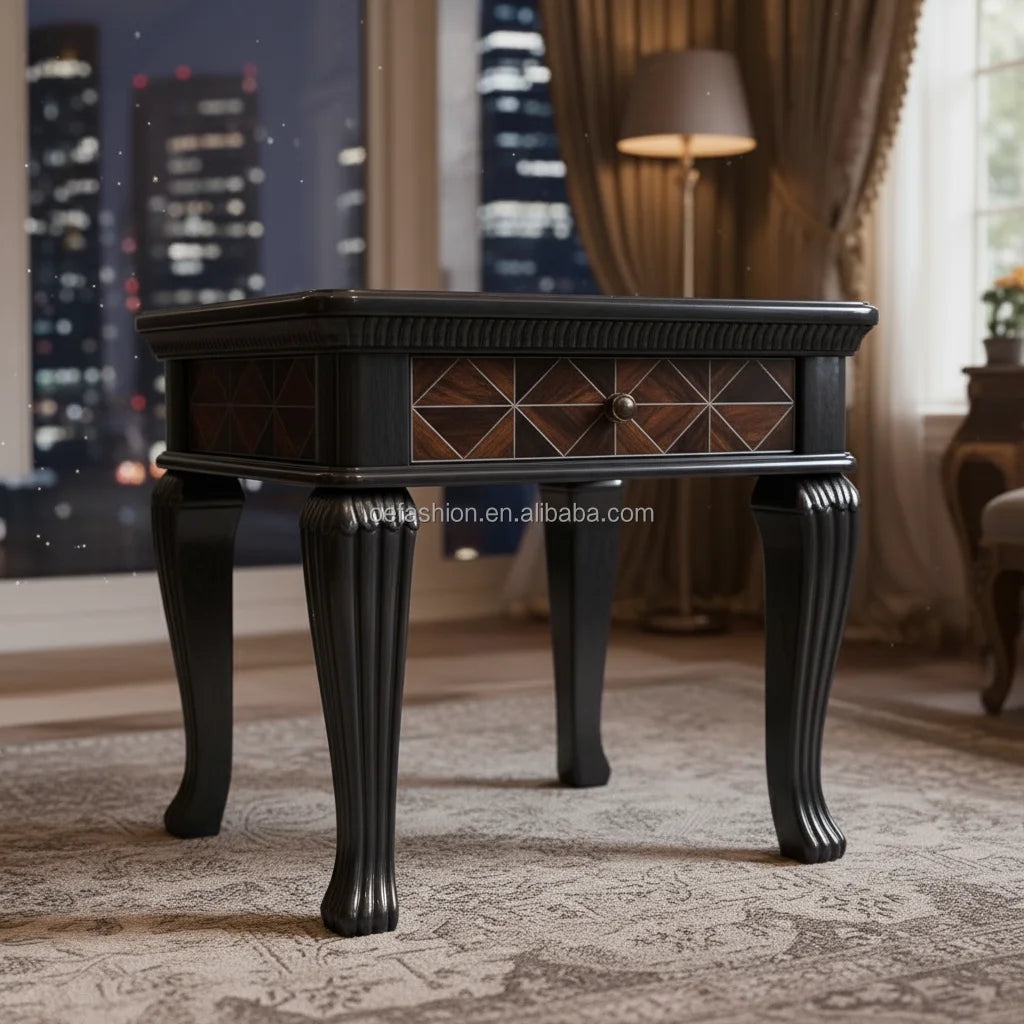 OE-FASHION French Neo-Classical Style Hand Carved Solid Wood Dining Server Chevron Veneer Credenza for Luxury Villa