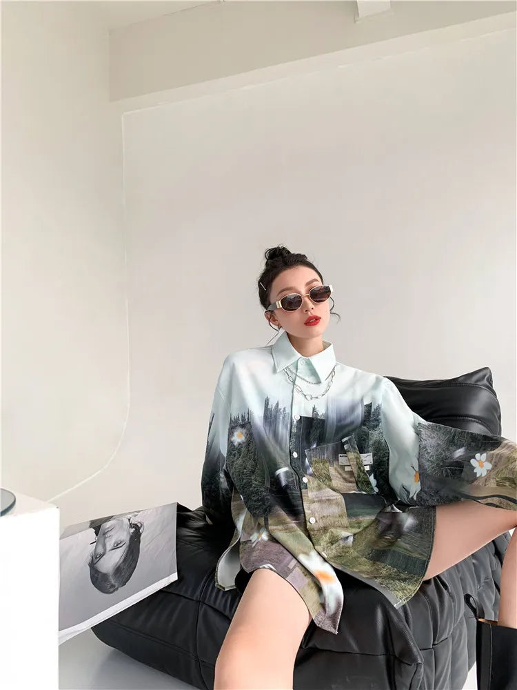 Oversized Women Blouses oil Printing shirts Harajuku Tops Long Sleeve Couple's Streetwear Blusas Mujer