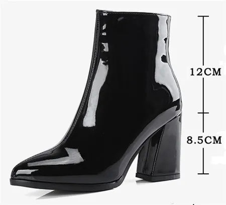 Silver Winter Women Ankle Boots Gold Mirror Patent Leather High Block Heel Party Office Lady Sexy Pointed Toe Zipper Short Plush